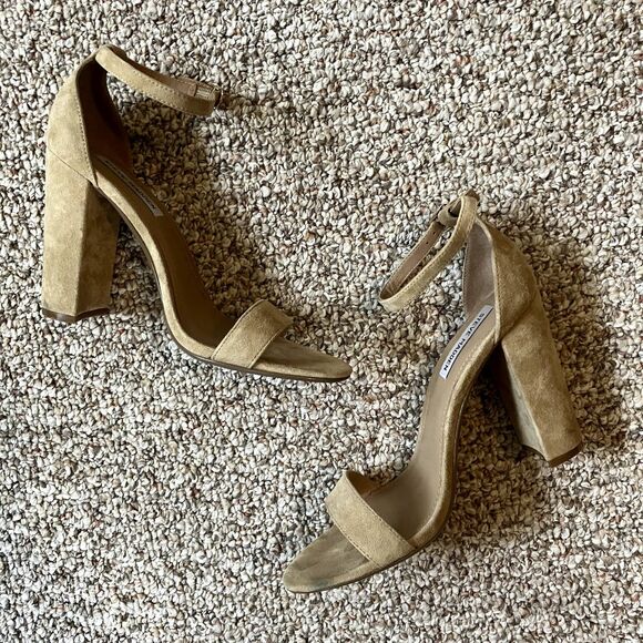 Steve Madden Nude Carson Chunky Heels Size 10 Y2K Leather Ankle Strap Beige Tan - Picture 1 of 11